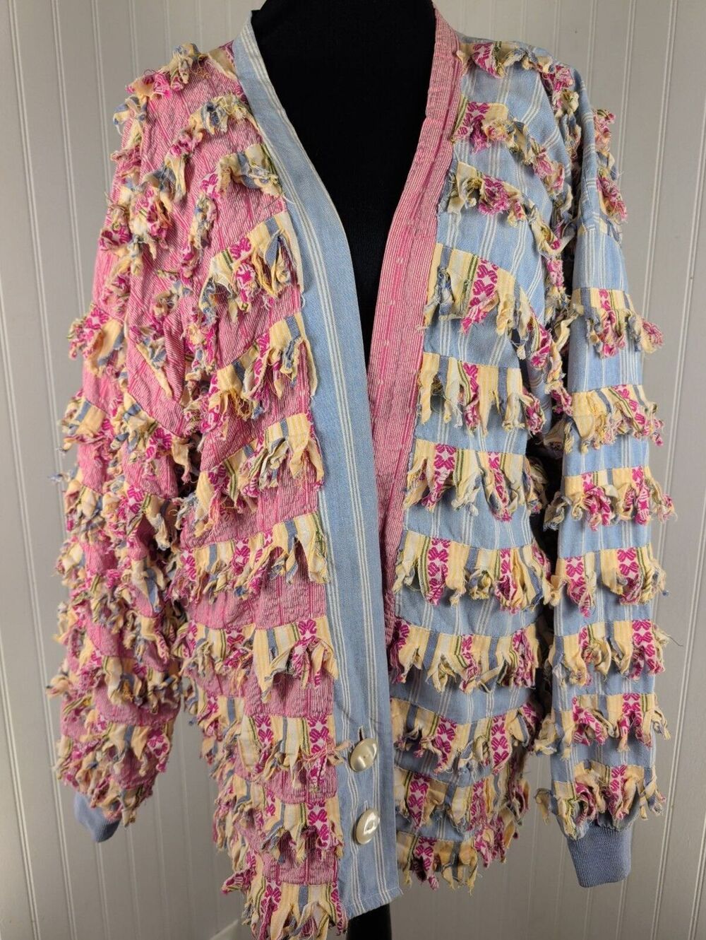 80's Vintage Paula Sweet Muslin Mink Fringe Cardigan Jacket Pastel Pink Blue Med